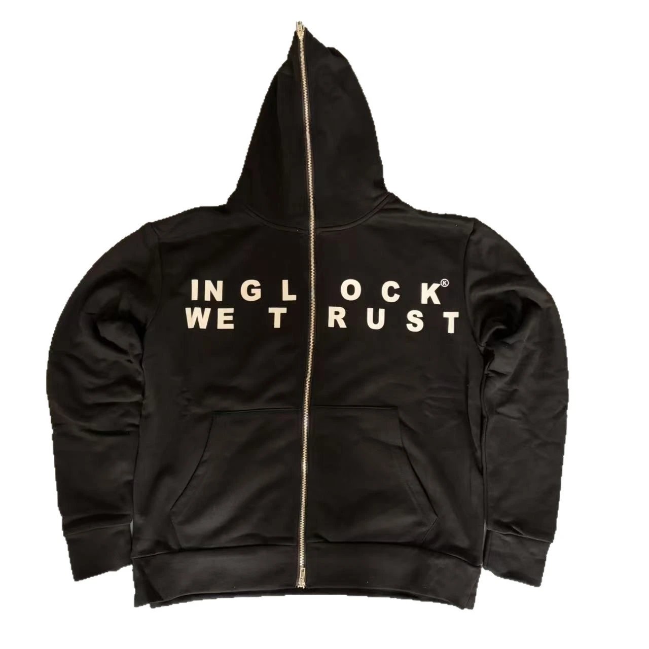 Black Full Zip Hoodie With Bold White Lettering Streetwear