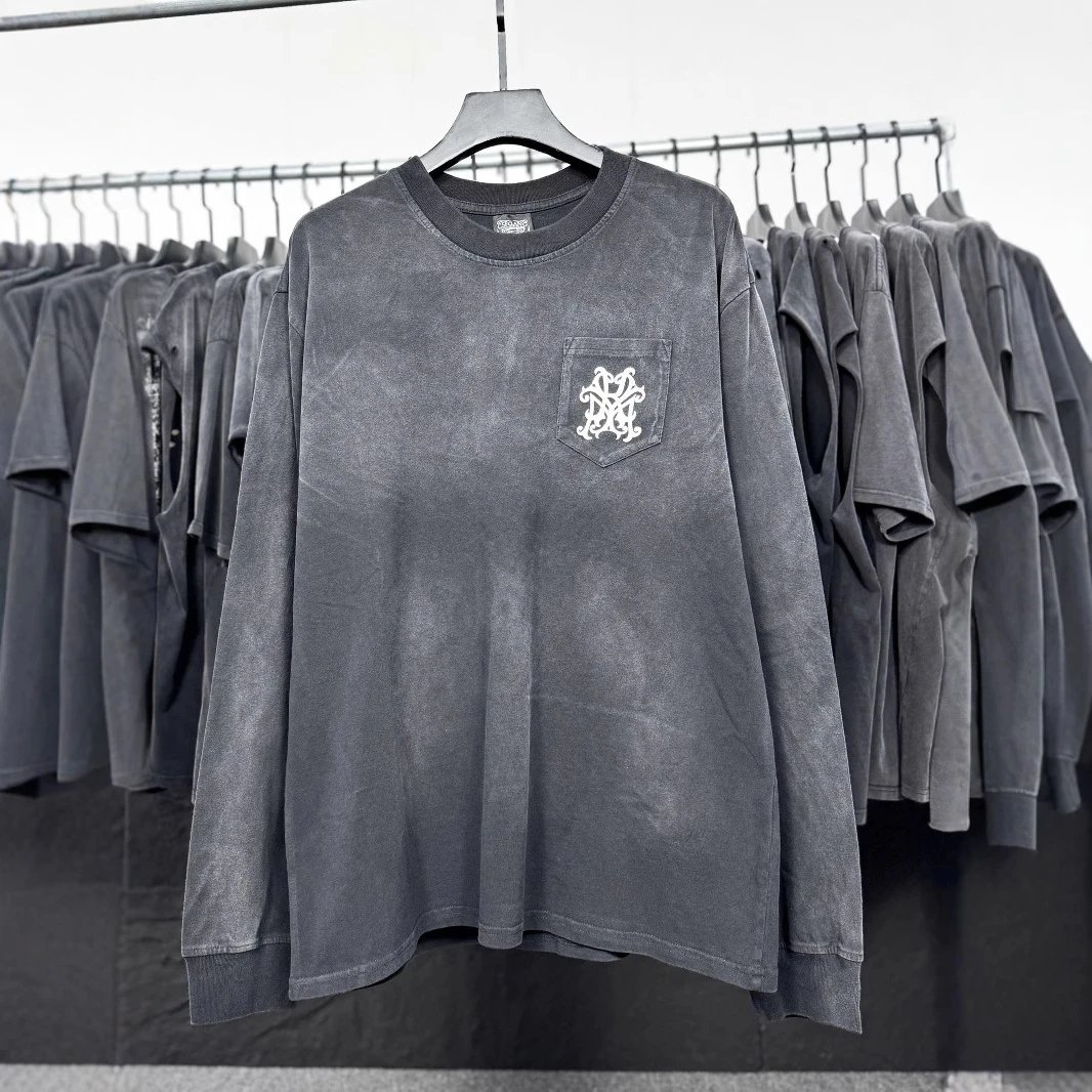 Washed Gray Long Sleeve T-Shirt With Embroidered Pocket Logo Casual