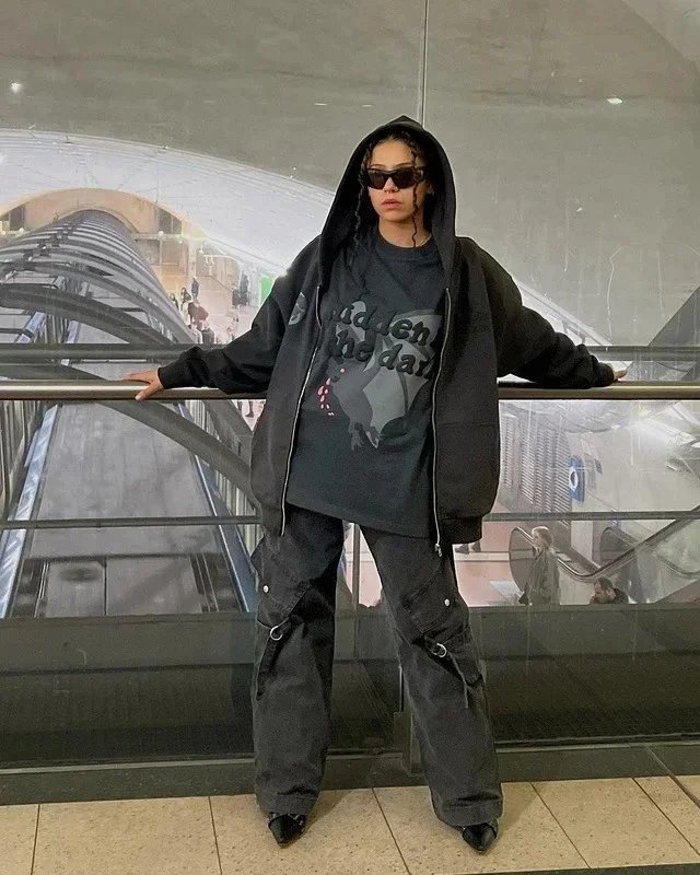 Broken T-Shirt Charcoal Gray Graphic Bat Print Oversized Tee