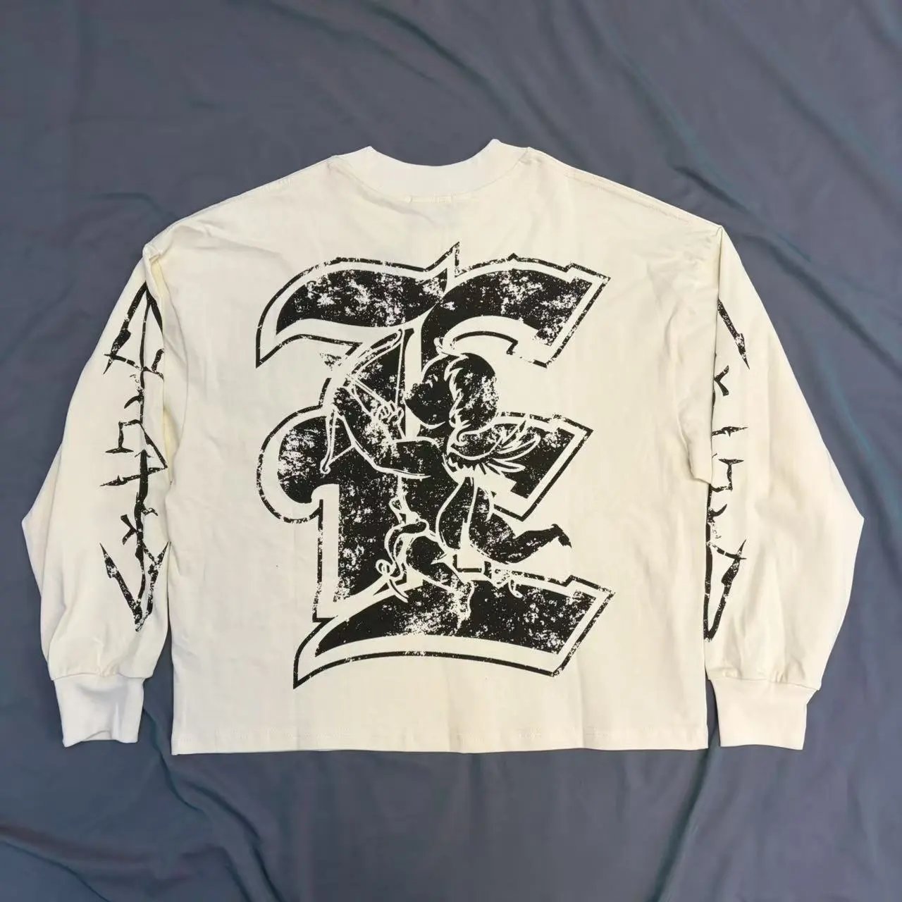 Off White Long Sleeve Cream Graphic Distressed Tee