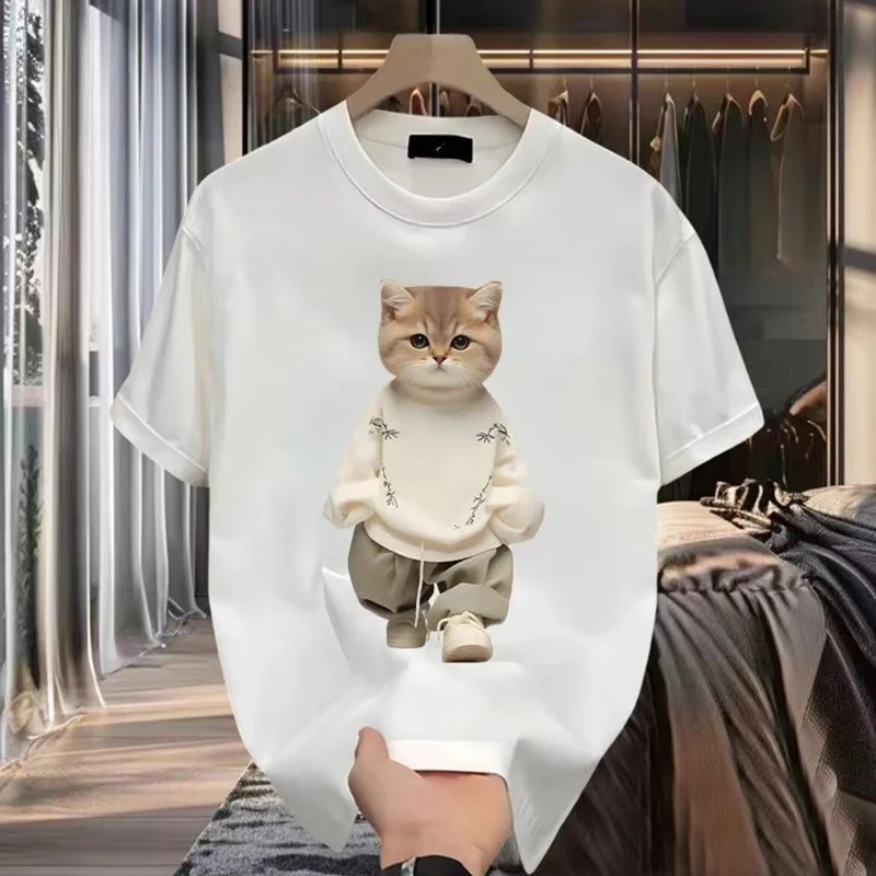 Cotton Cat Print White Oversized T-Shirt