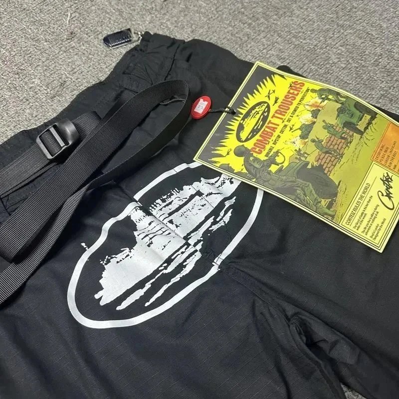 Black Cargo Pants with White Graphic Patch and Yellow Label Tactical Style