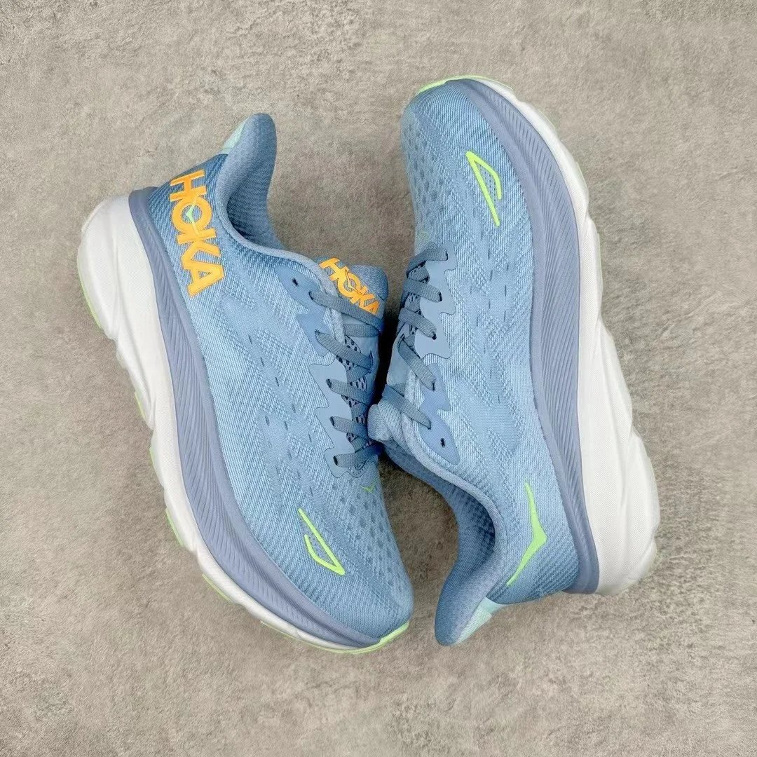 Hoka Clifton 9 Light Blue Neon Yellow Running Shoes