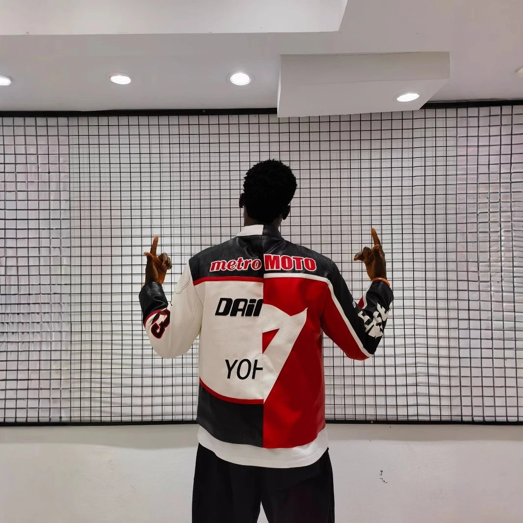 Metro Moto White Red Black Racing Leather Jacket