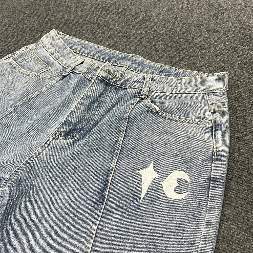 Denim Shorts Light Blue Embroidered Star Moon Design