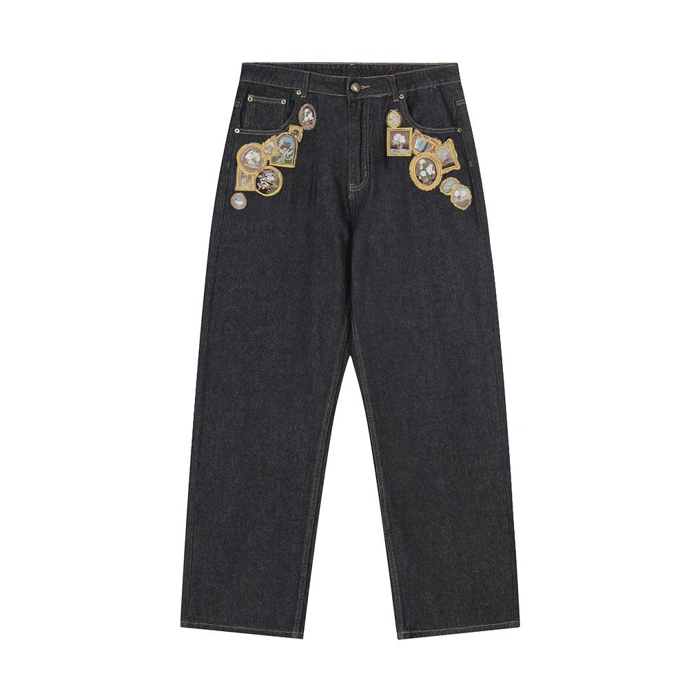 Denim Jeans Dark Blue Embellished Wide Leg