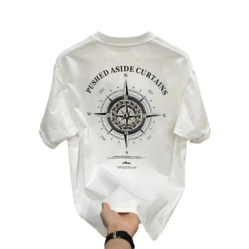 Cotton T-Shirt White Nautical Compass Graphic Tee