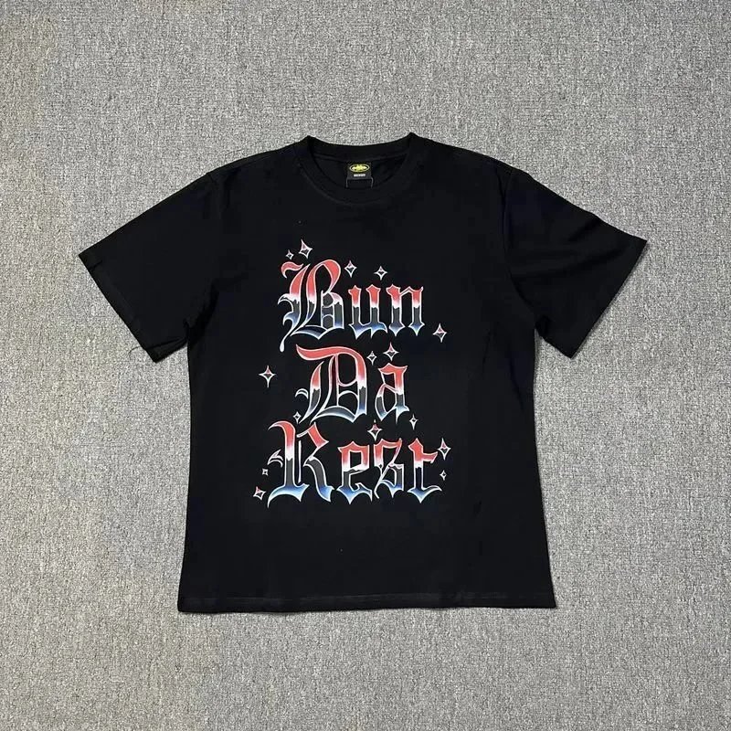 White Graphic Print T-Shirt Red Blue Gothic Typography Casual Tee