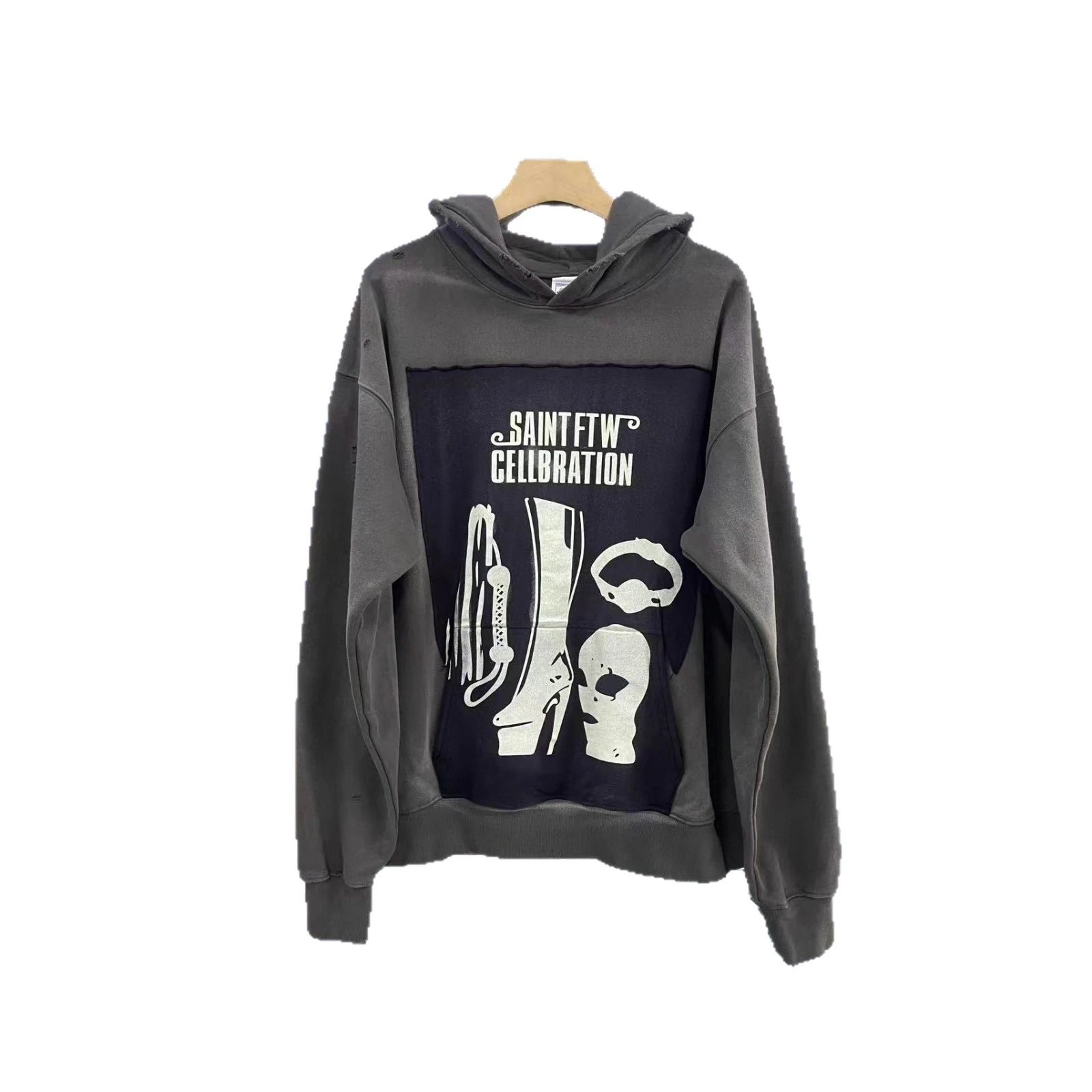 Saint Graphic Print Gray Distressed Hoodie