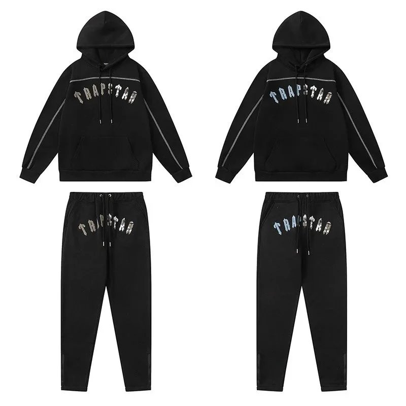 Trapstar Hooded Sweatshirt And Jogger Set Black Gray Red Sportswear