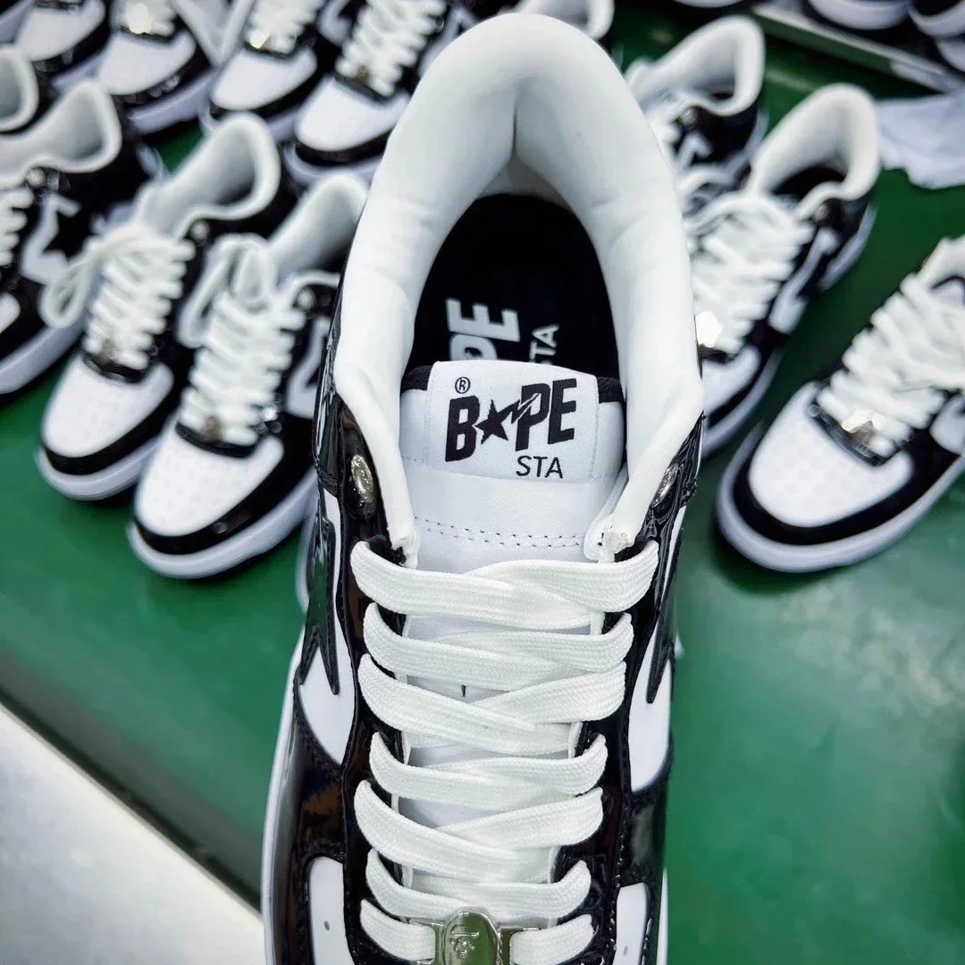 A Bathing Ape Sta Black And White Patent Leather Star Sneakers