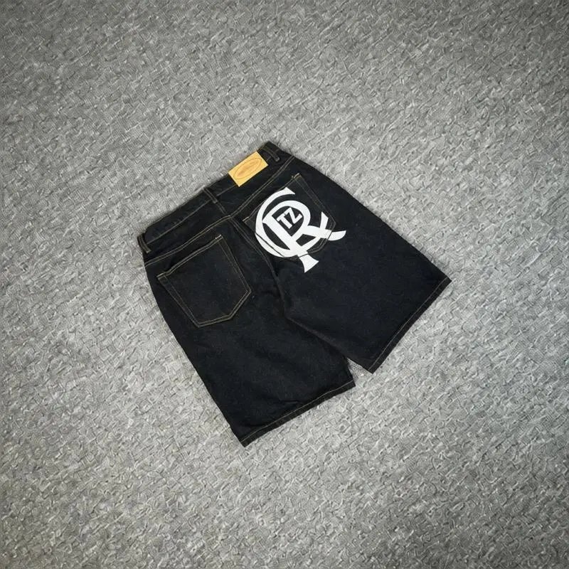Denim Shorts Black Logo Print Streetwear