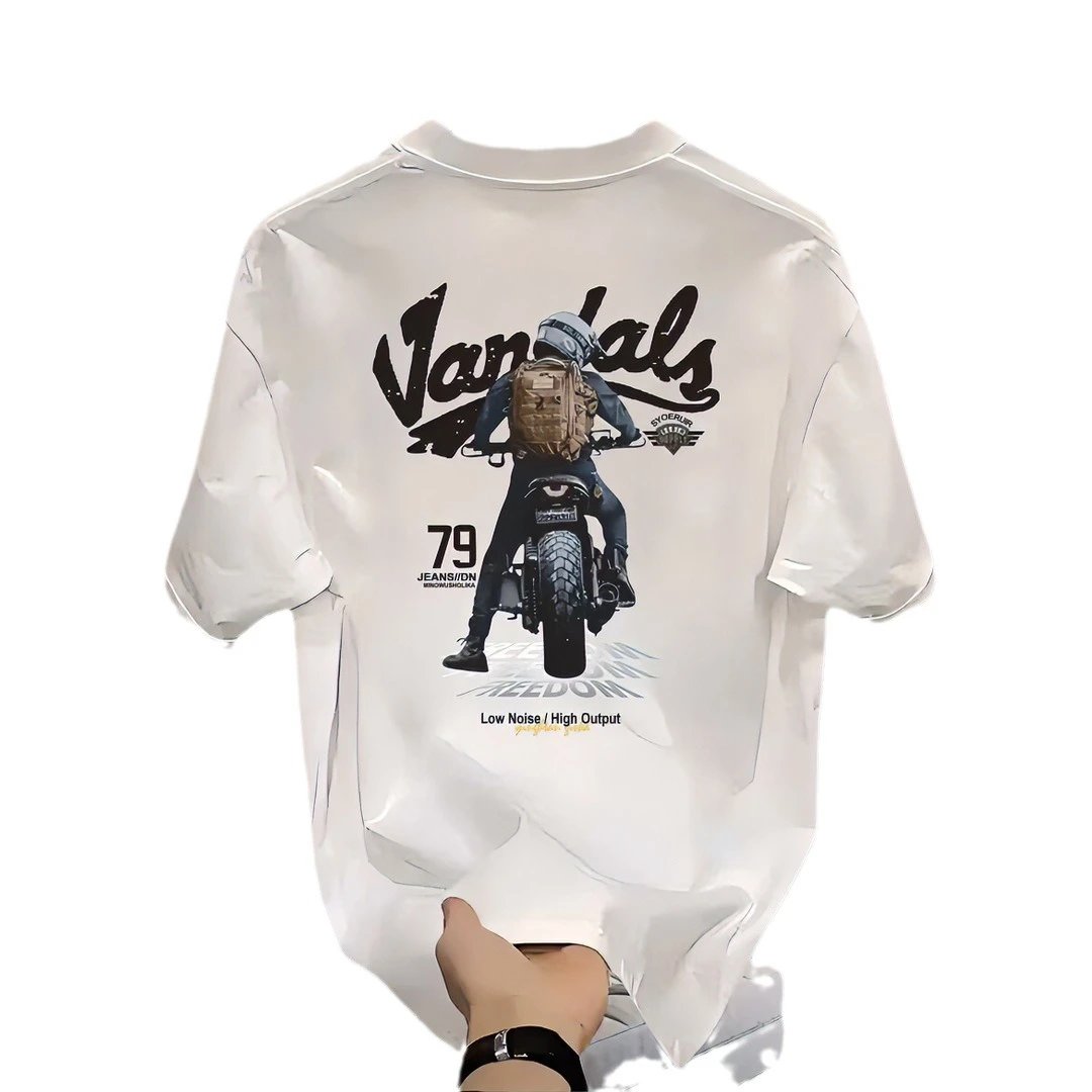 CNEDAGE Goods White Motorcycle Graphic T-Shirt