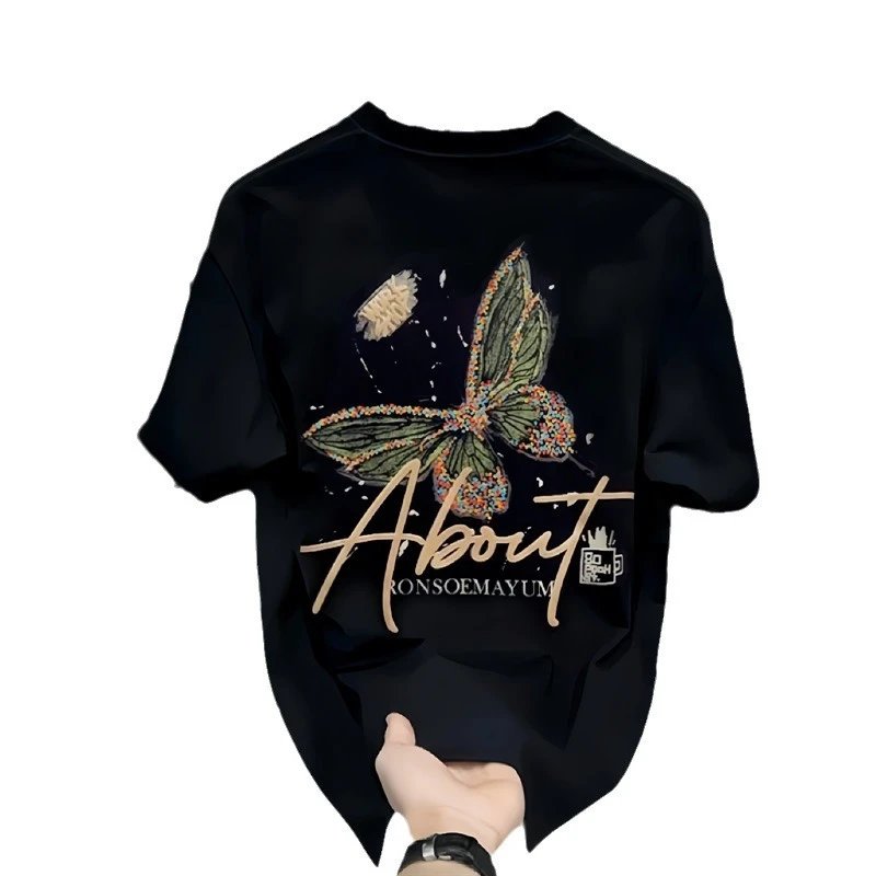 Cotton T-Shirt Navy Blue Script Print Casual