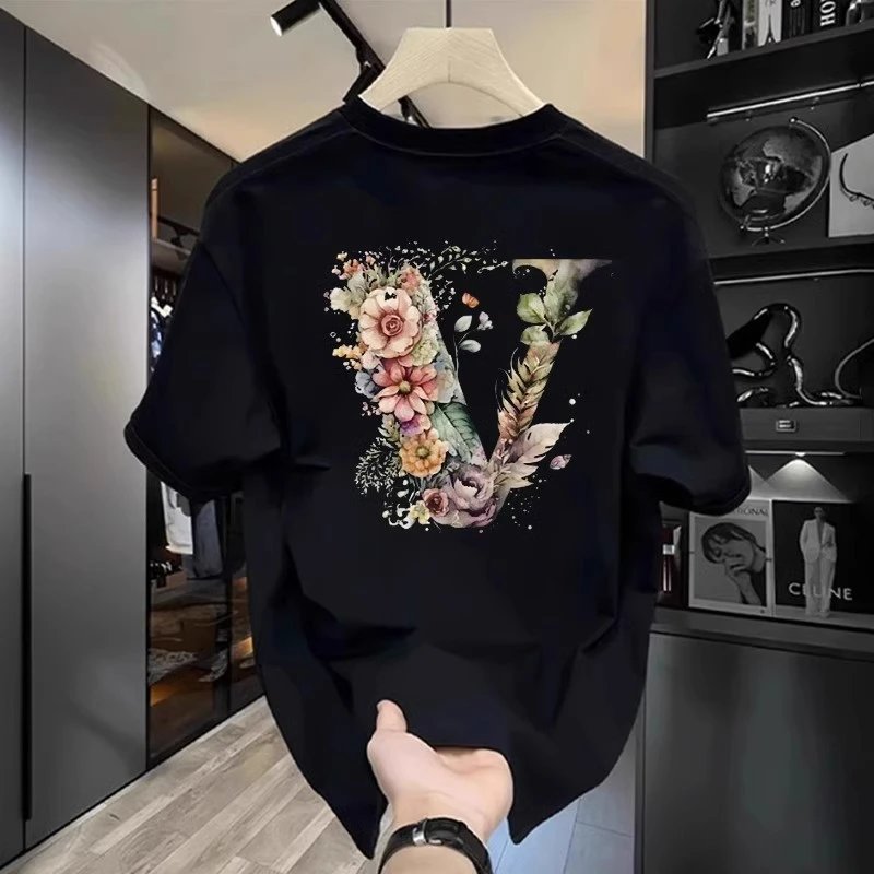 Black Floral V-Print Oversized T-Shirt