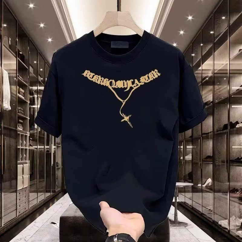Black Cotton T-Shirt Gold Gothic Lettering Streetwear