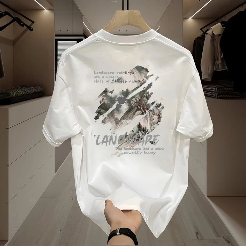 White Graphic Print Landscape Art T-Shirt
