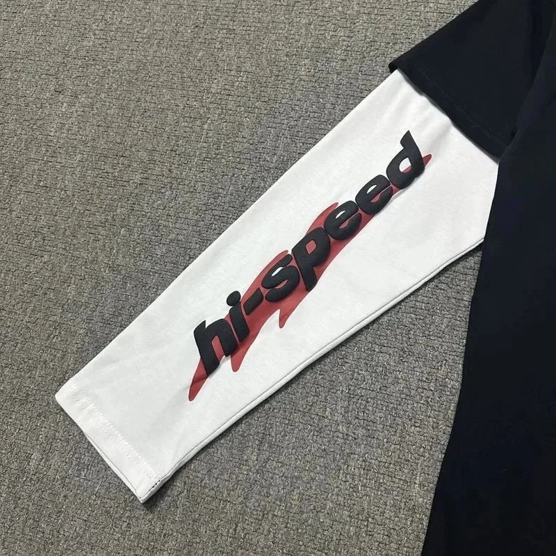 Black Long Sleeve Graphic Tee White Contrast Sleeves Speed Of Light Print