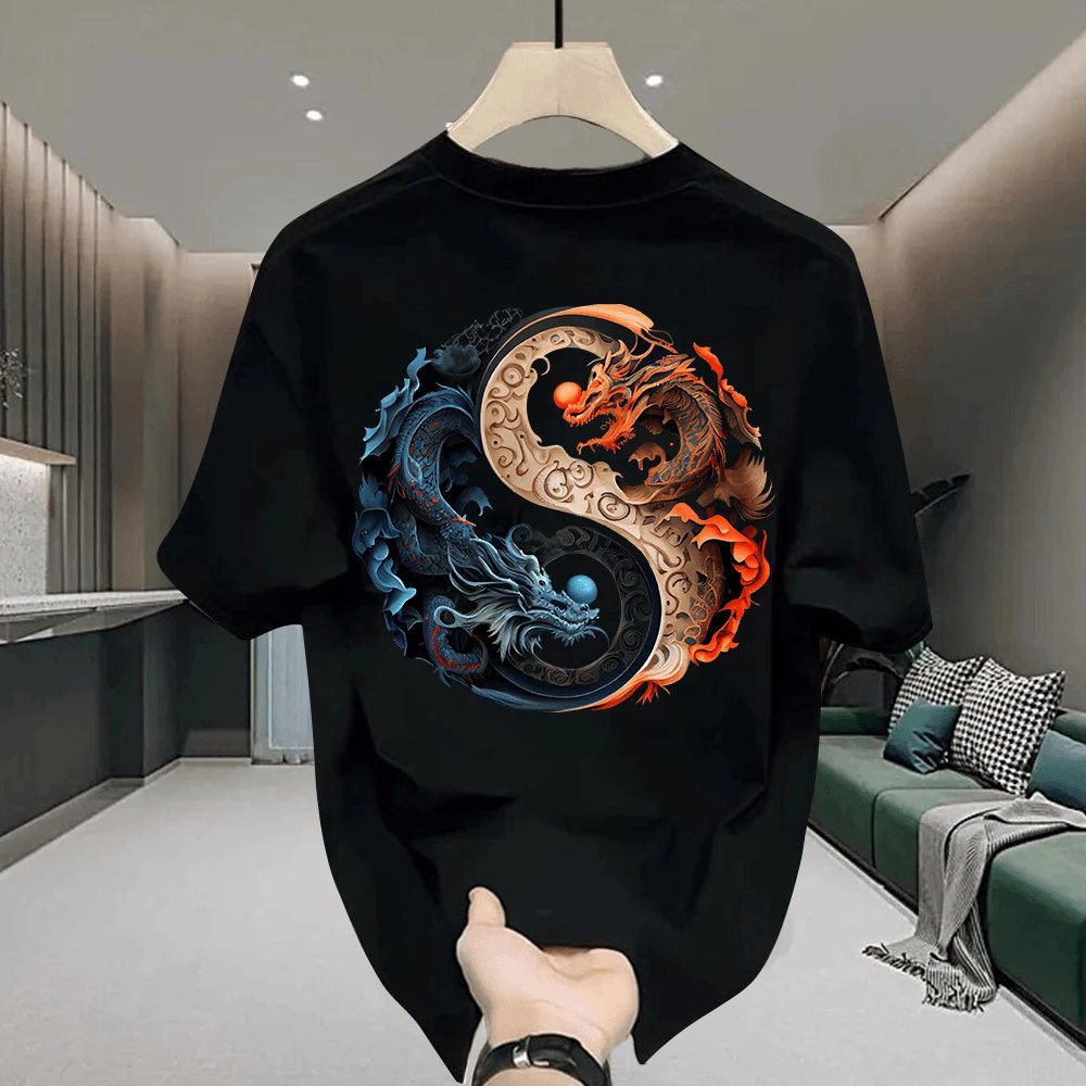 Black Graphic T-Shirt Yin Yang Dragon Print Streetwear
