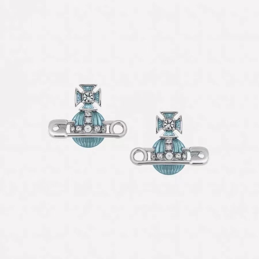 Vivienne Westwood Orb Blue Enamel Crystal Safety Pin Earrings