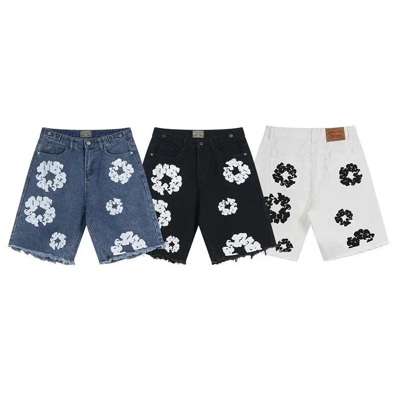 Denim Shorts Blue Black White Floral Embroidered Distressed