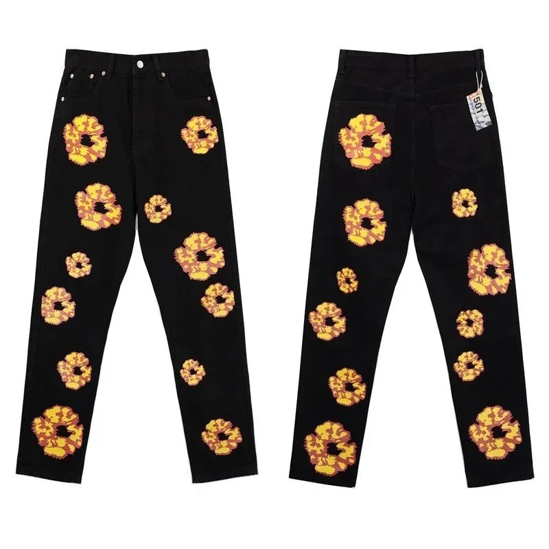 Denim Jeans Blue Floral Embroidered Straight Fit