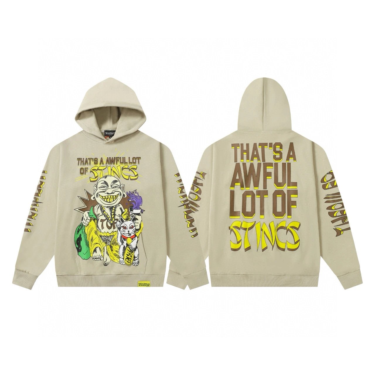 Black Graphic Hoodie With Yellow Text And Cartoon Print Streetwear