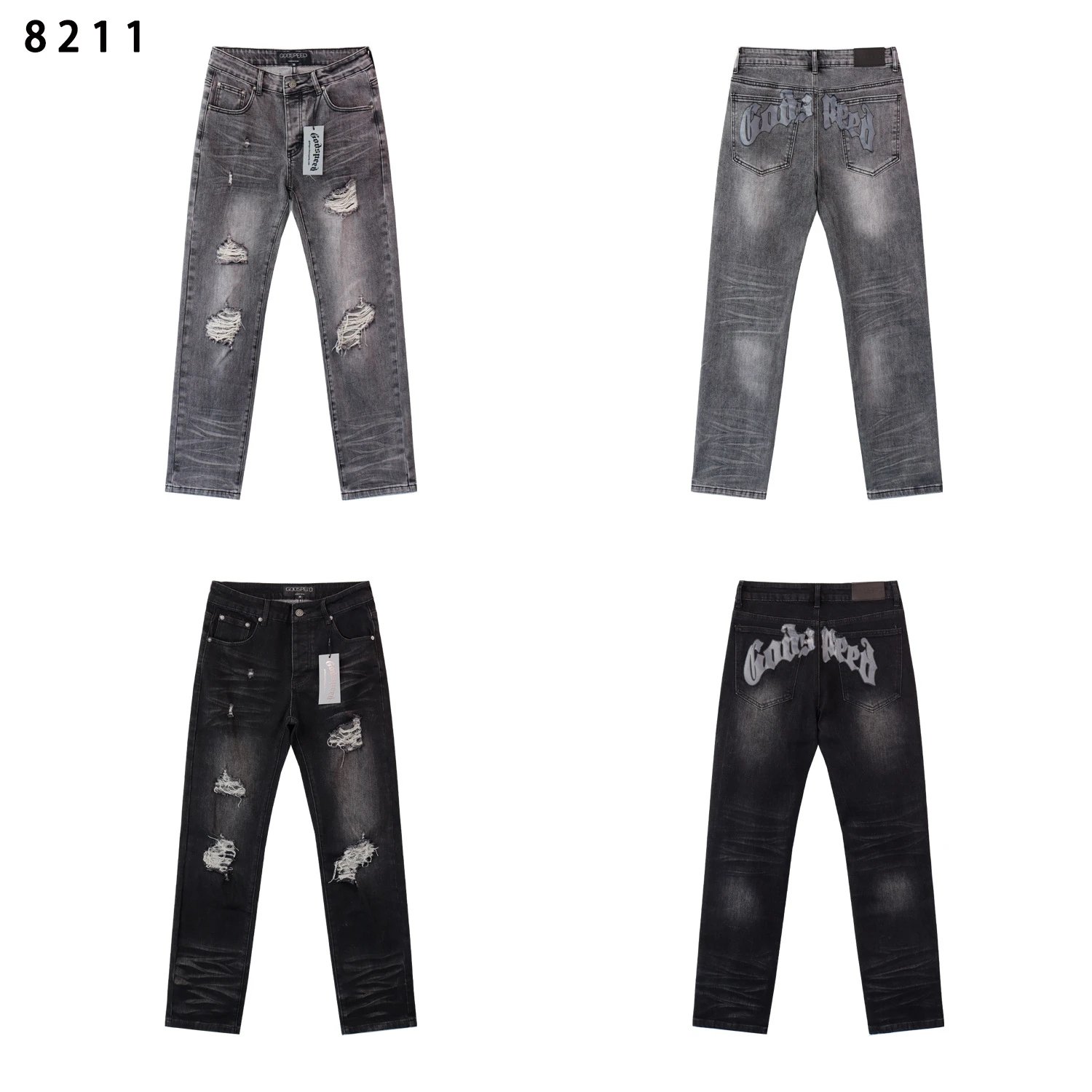 Godspeed Distressed Gray Black Ripped Straight Fit Jeans