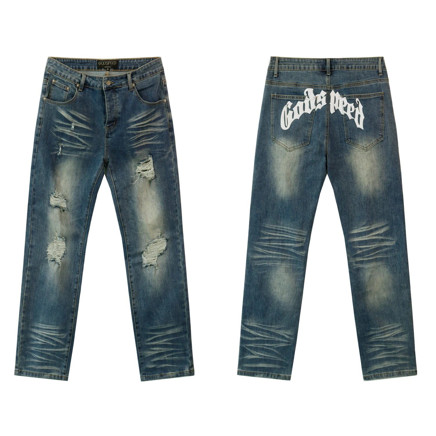 Godspeed Distressed Gray Black Ripped Straight Fit Jeans