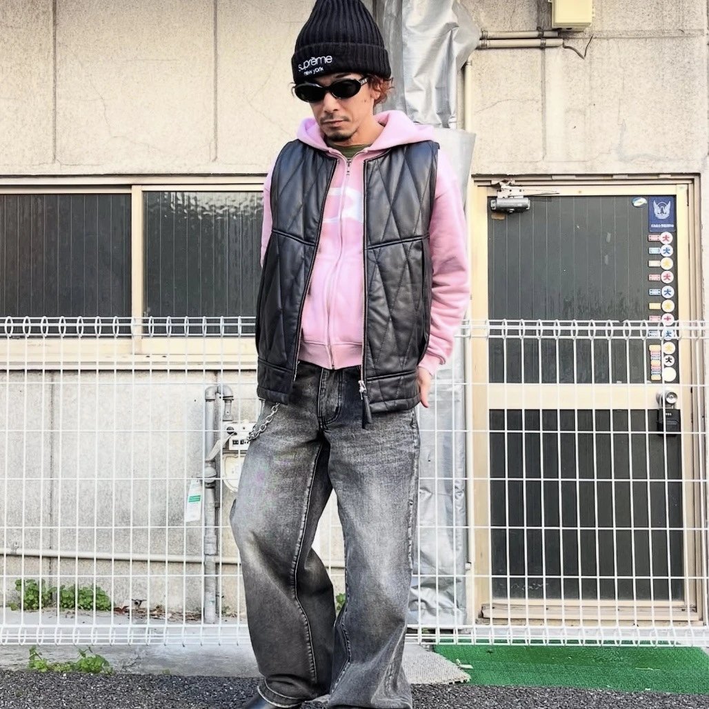 Supreme Beanie Black Quilted Leather Vest Pink Hoodie Gray Wide Leg Jeans Streetwear