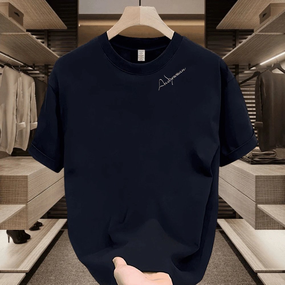 Navy Blue Embroidered Script Crewneck T-Shirt