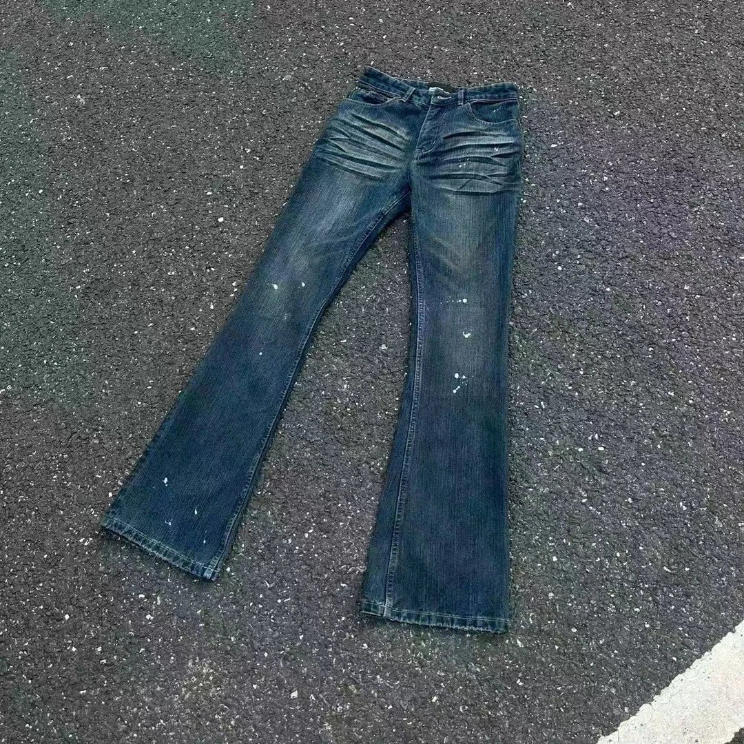 Denim Jeans Dark Blue Distressed Flared