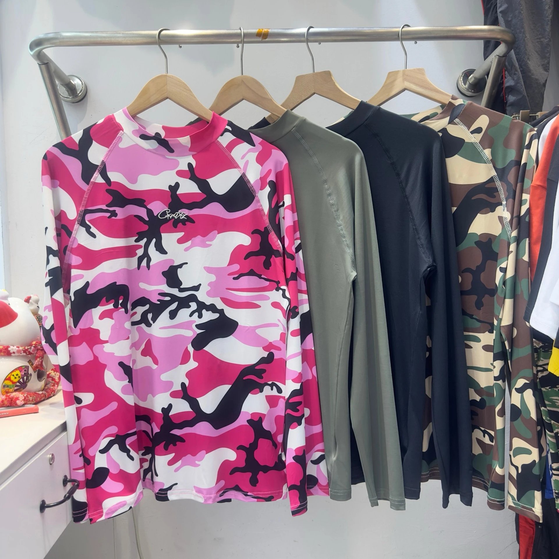 Crate Long Sleeve Rash Guard Olive Camo Pink Camo Gray Black