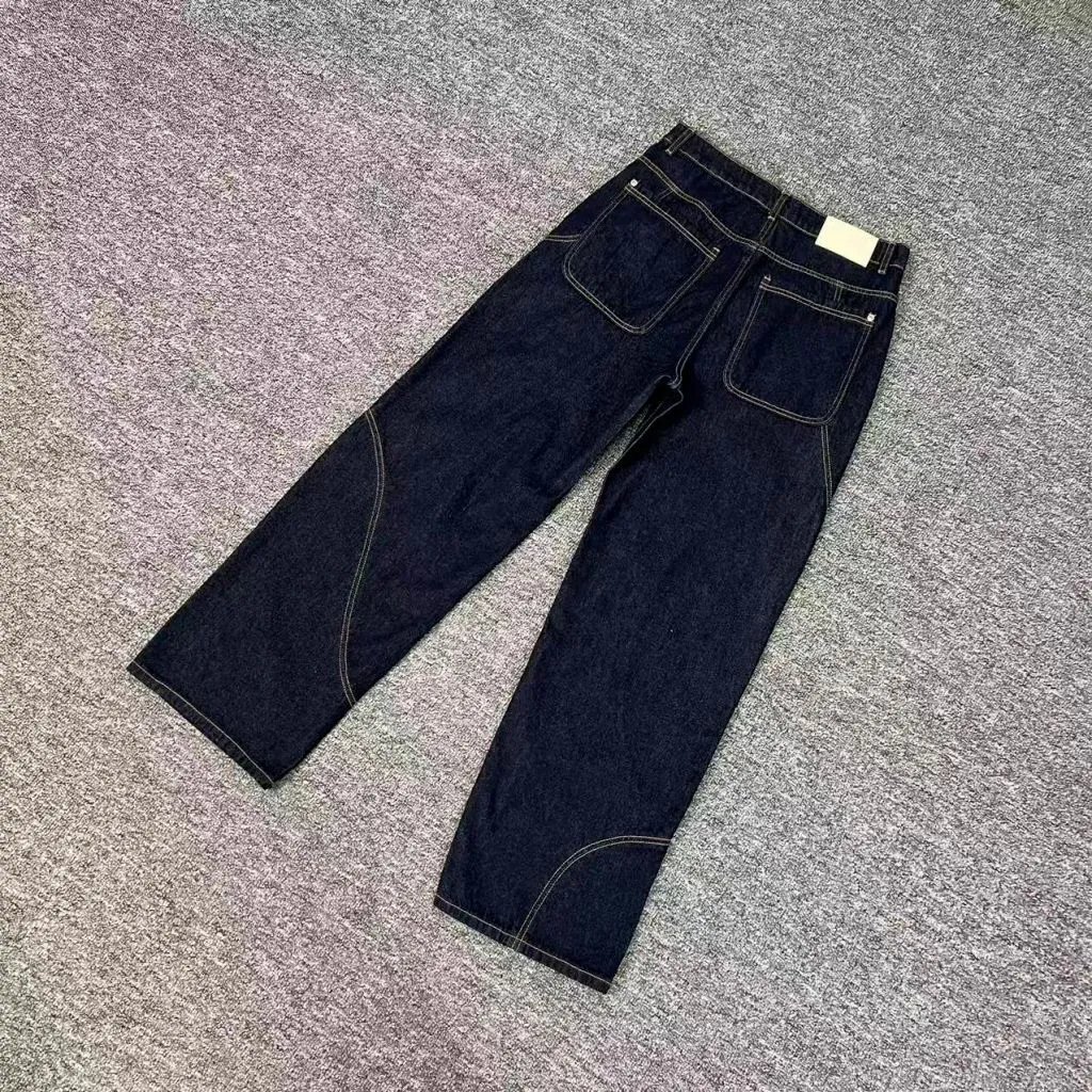 Denim Wide Leg Dark Blue Stitched Tapered Jeans