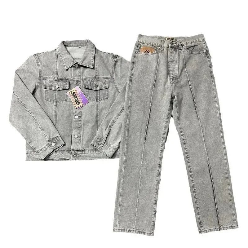 Denim Jacket And Jeans Set Light Gray Washed Casual Outfit