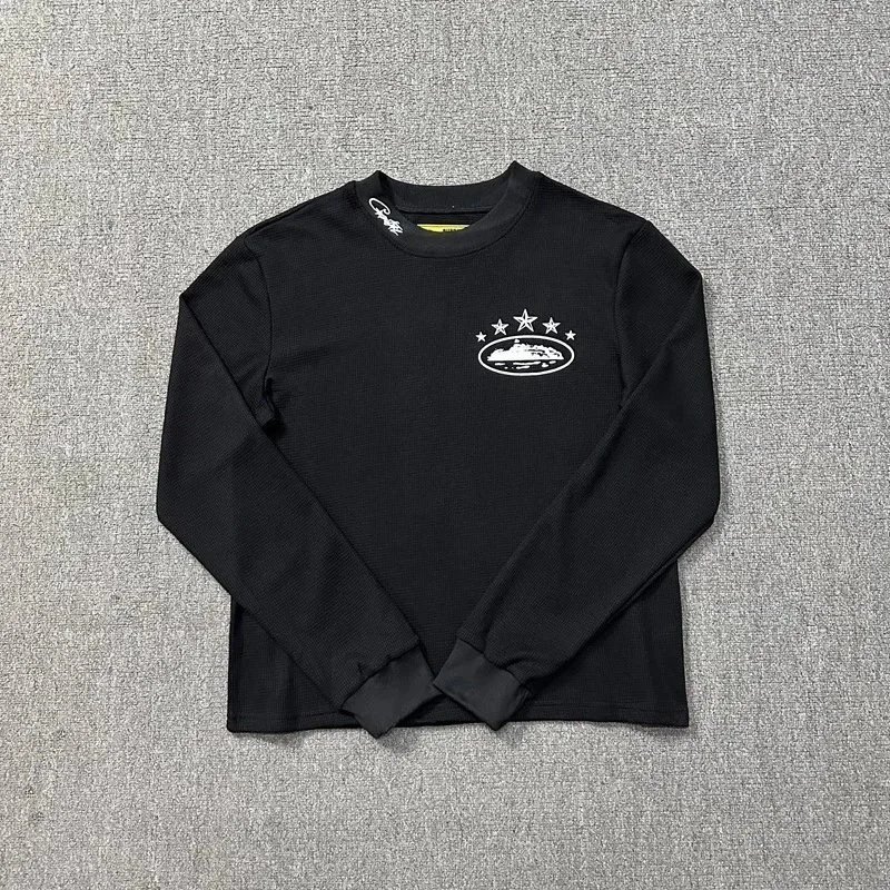 Oval Logo Ribbed Long Sleeve Crewneck Black And White Casual Top