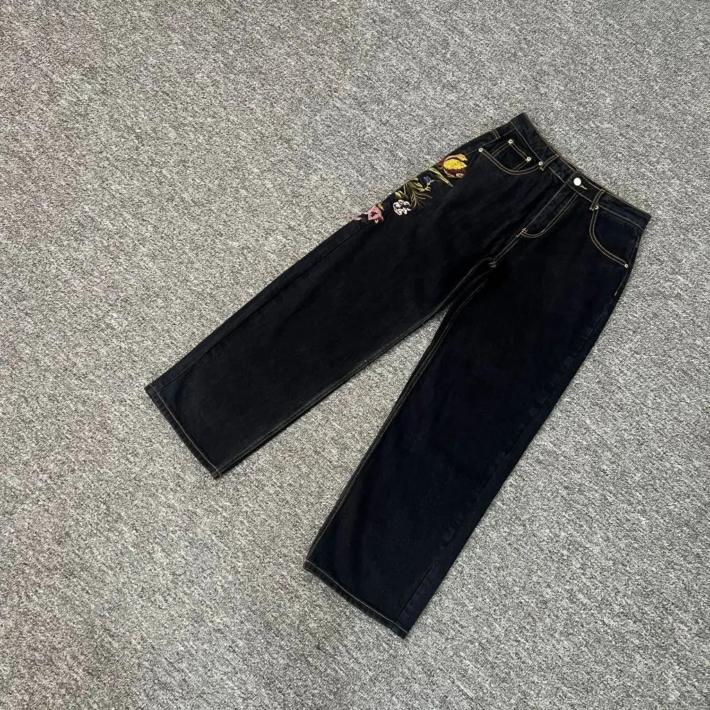 Black Denim Jeans With Floral Embroidery Vintage Style