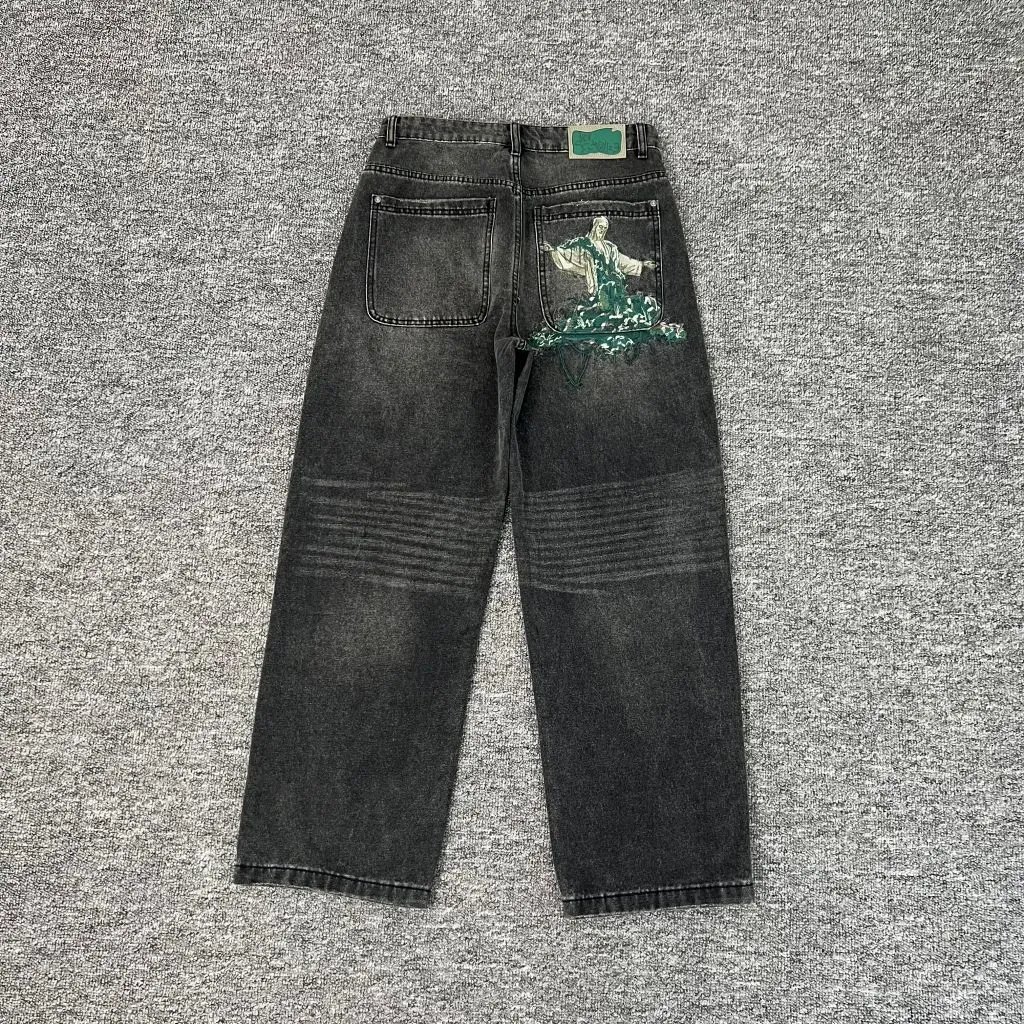 Black Denim Wide Leg Washed Jeans