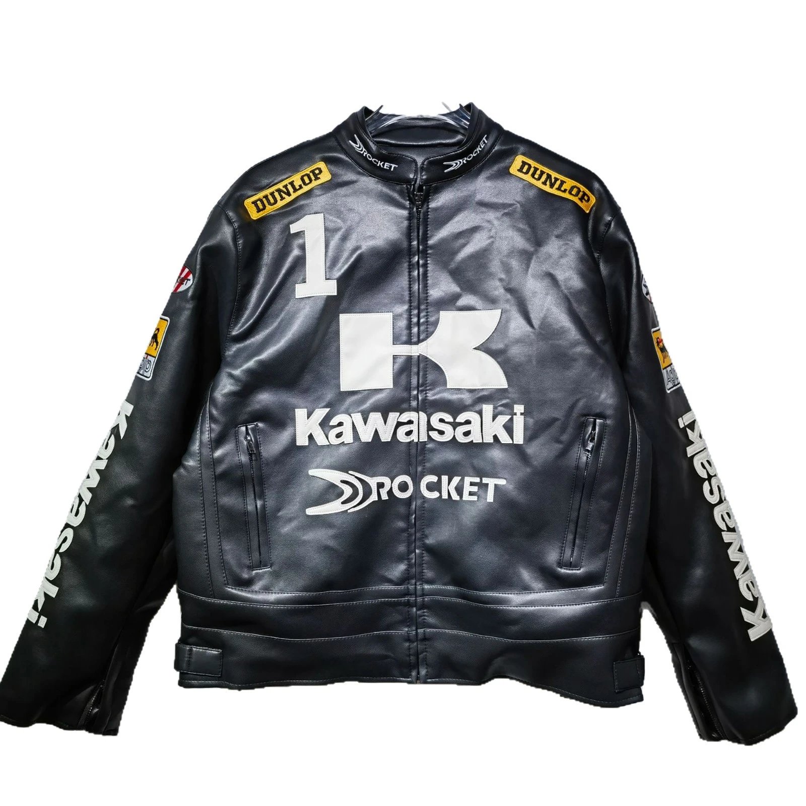 Kawasaki Road Racing Red White Black Motorcycle Jacket with Embroidered Cross Denim Pants