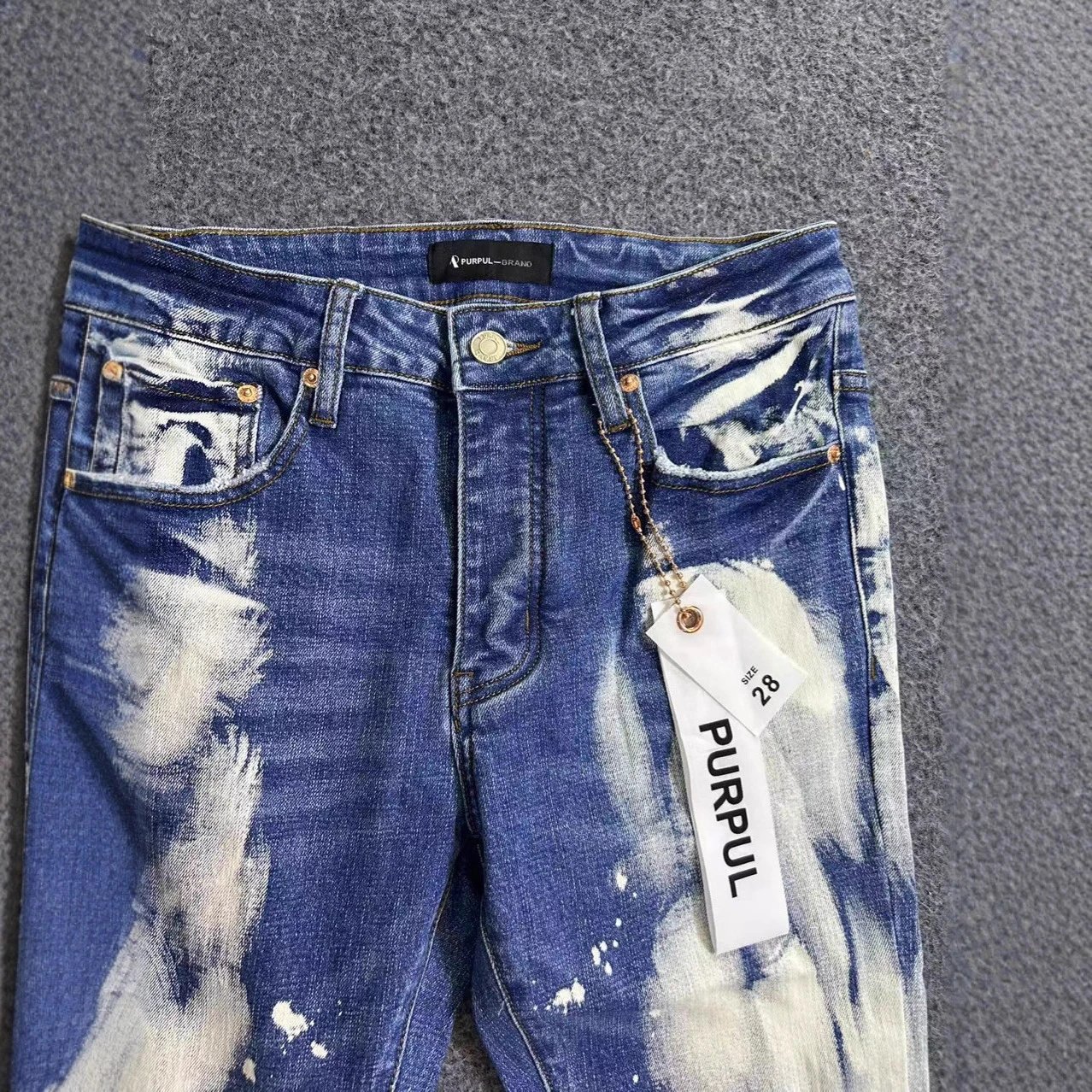 Purple Brand Distressed Blue Bleach Splatter Flare Jeans