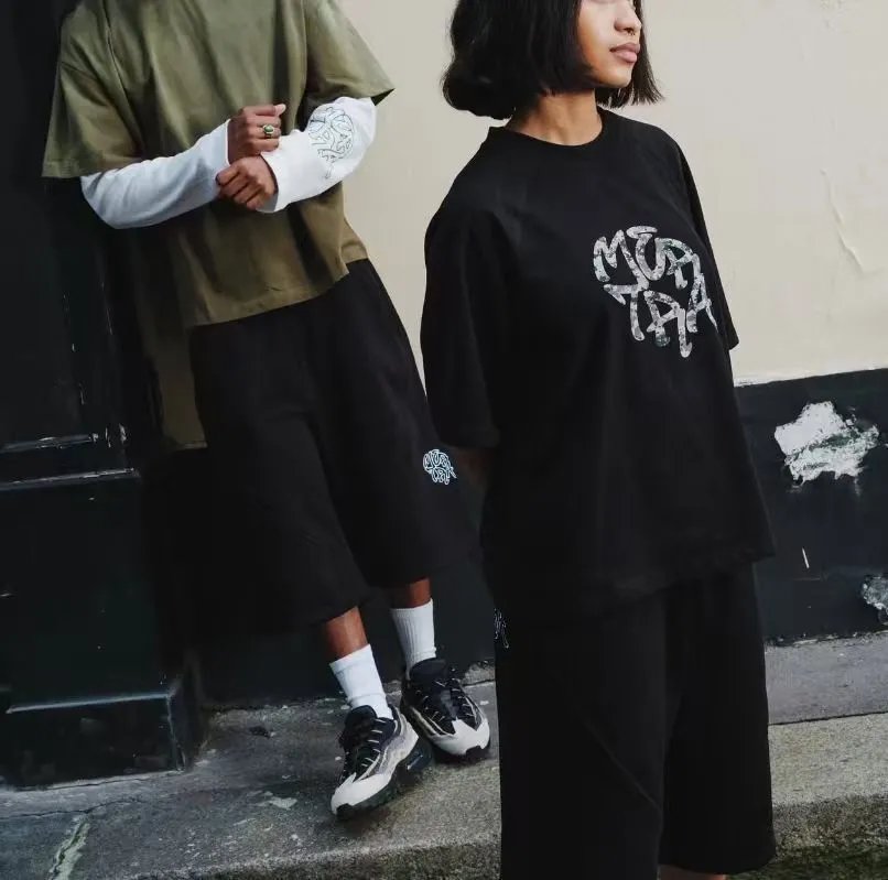 Black Long Sleeve T-Shirt with White Waffle Knit Contrast Sleeves Oversized Streetwear