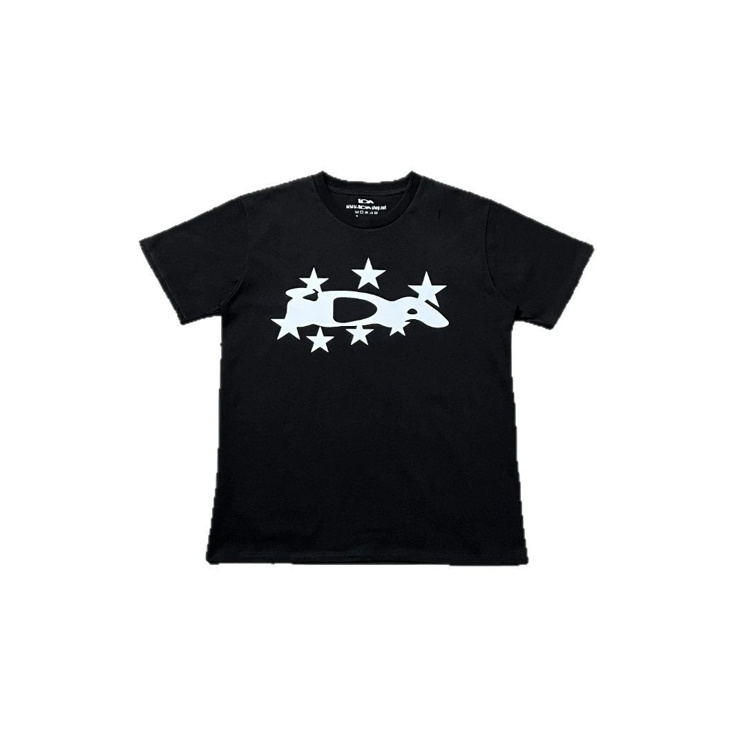 Black T-Shirt With White Star And Whale Graphic Casual Tee