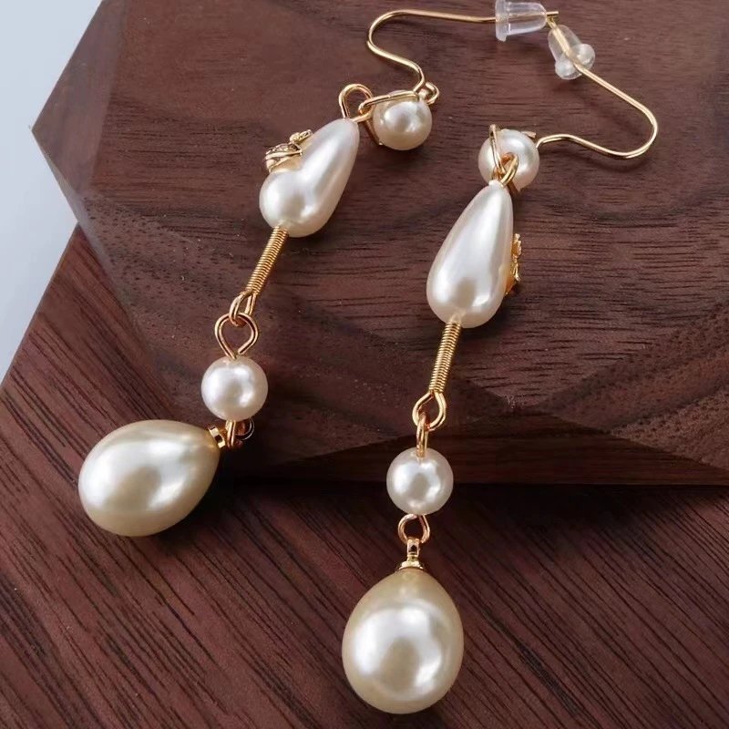 Gold-Tone Pearl Drop Earrings Cream White Elegant Dangling Earrings