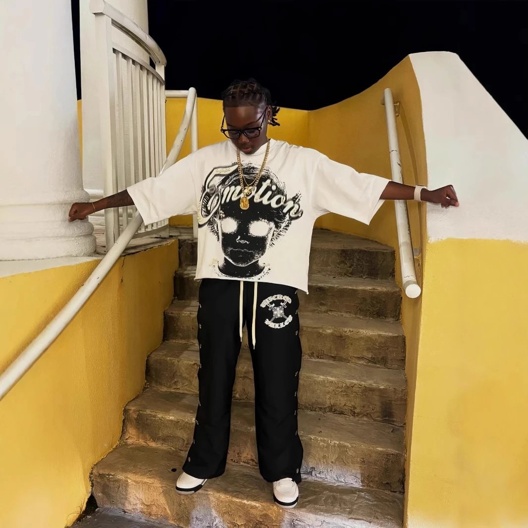 Oversized Graphic Print White Streetwear T-Shirt Black Embroidered Track Pants