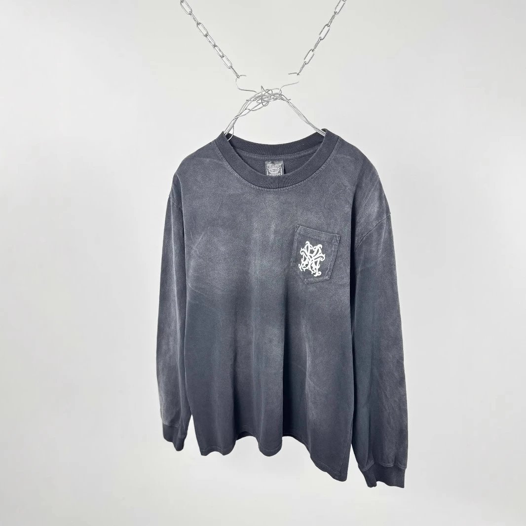 Washed Gray Long Sleeve T-Shirt With Embroidered Pocket Logo Casual