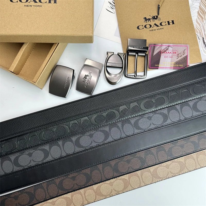 Coach Signature Black Leather Belt with Interchangeable Buckles