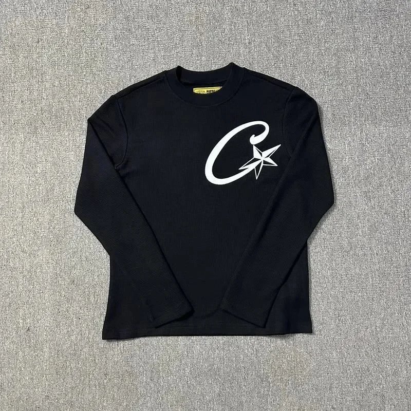 Black Ribbed Long Sleeve T-Shirt with White C Star Logo