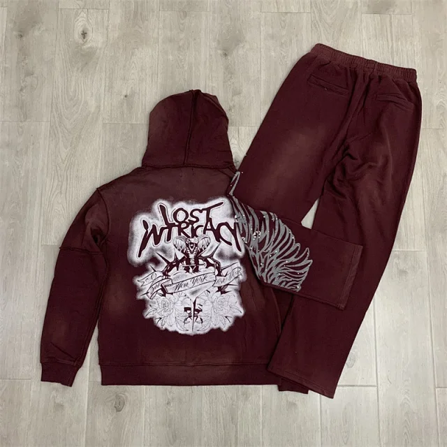 Lost Tracksuits Rhinestone Logo Distressed Zip-Up Hoodie and Jogger Set product detail image 14