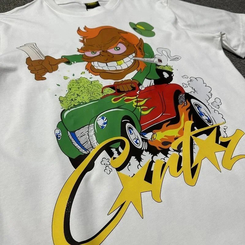 Black Graphic Tee Cartoon Character Car Print Streetwear T-Shirt