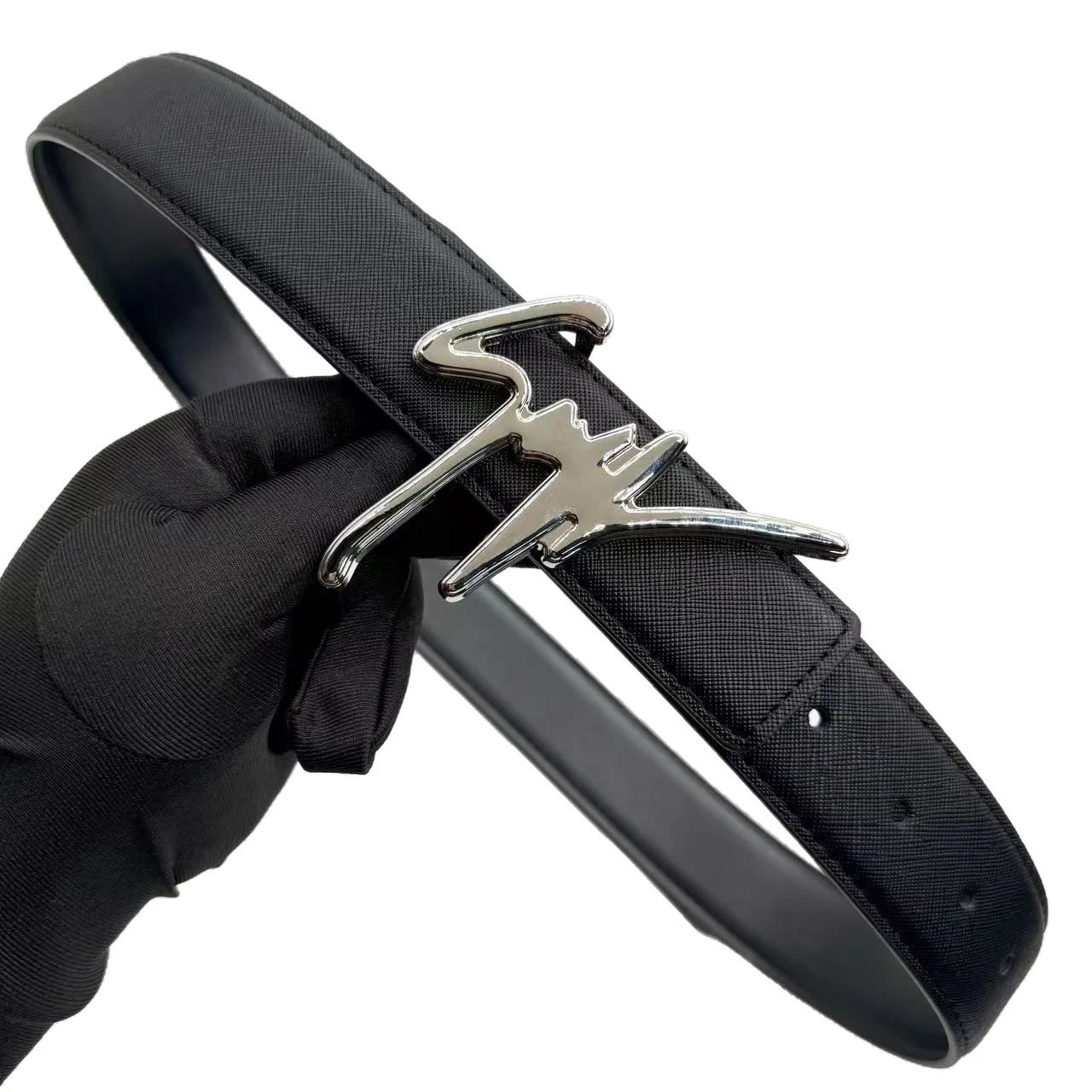 Gianfranco Ferré Signature Black Leather Belt With Silver Gold And Matte Black Logo Buckle
